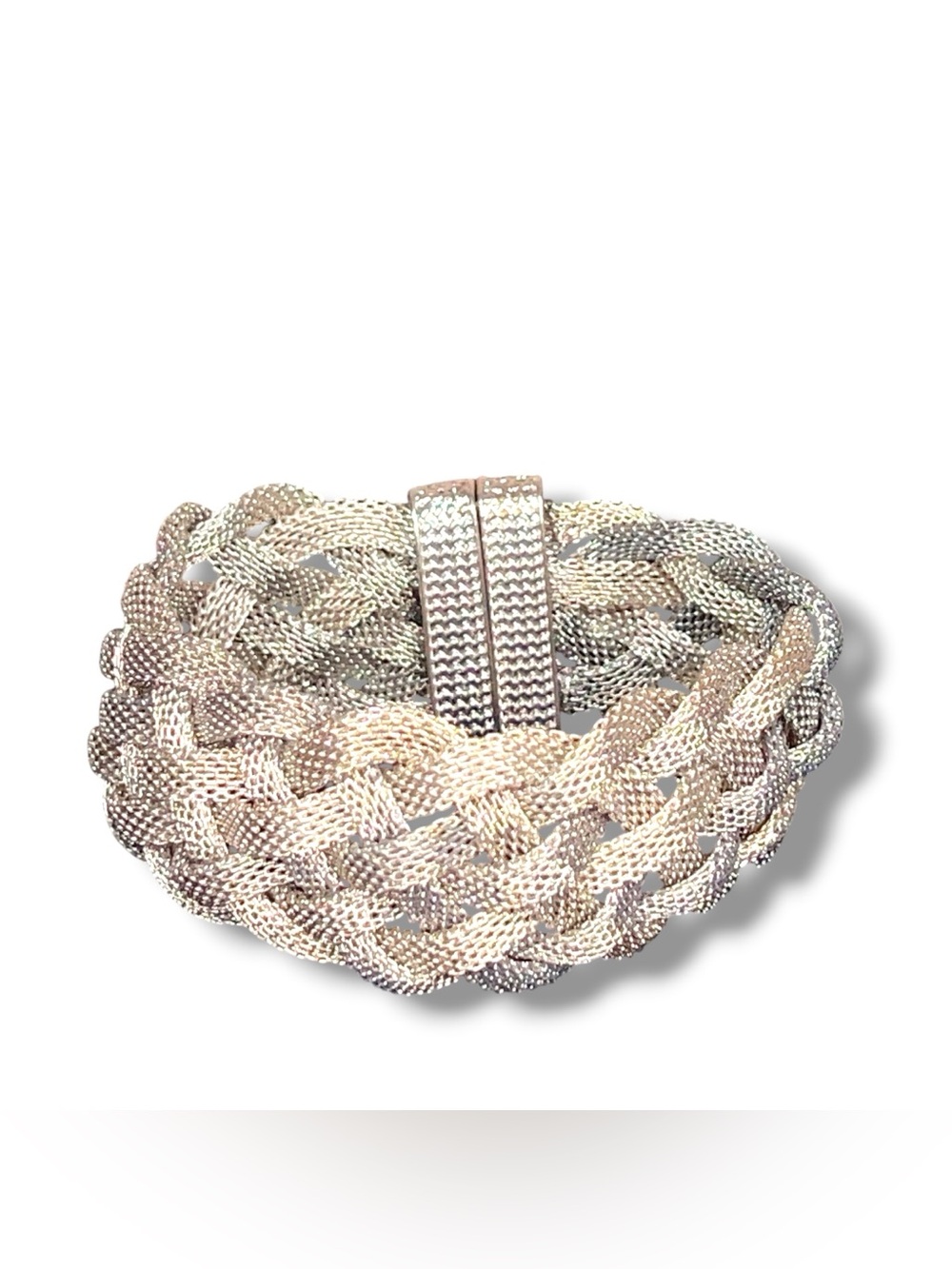 Vintage Silver Tone Braided Bracelet Wide Magnetic Closure Ornate Retro